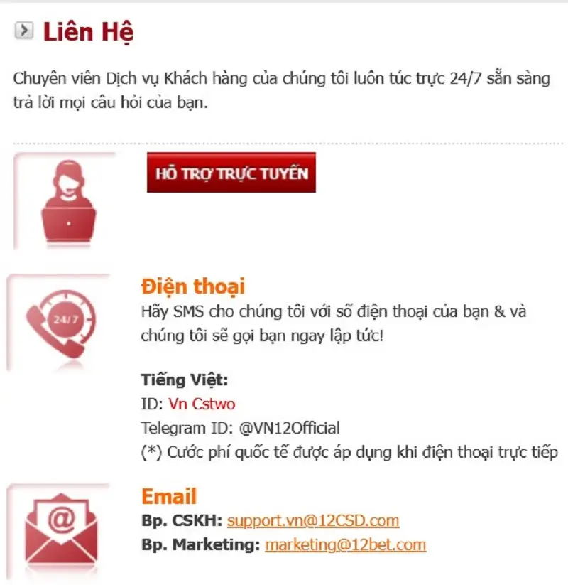 Những phương thức liên hệ 12bet khác